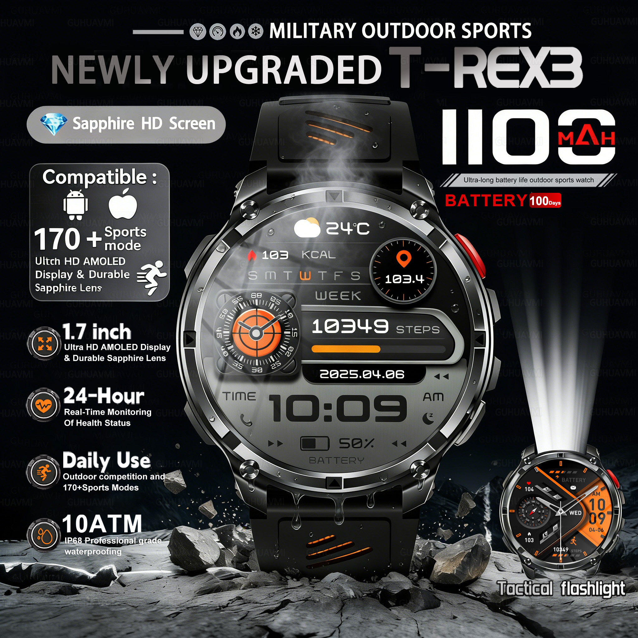Outdoor Power Hours - T-REX 3 Military Smartwatch Men 1100mAh